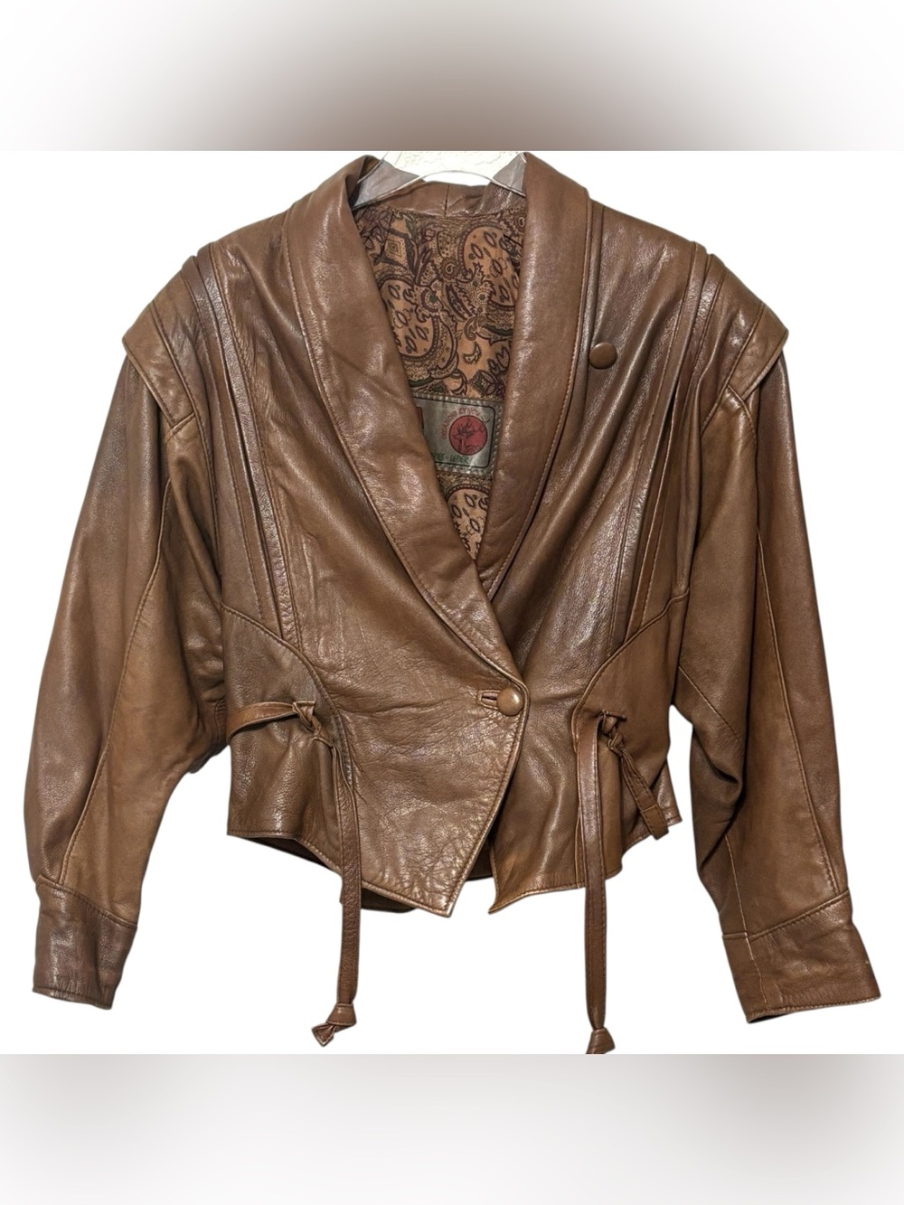 Vintage 80s Brown Italian Leather Bomber Jacket Women Size Large Batwing Sleeve